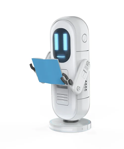 Concepto Aprendizaje Automático Con Robot Asistente Amigable Renderizado Leyendo Libro — Foto de Stock