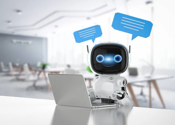 3d rendering chatbot or assistant robot chat with speech bubble in office