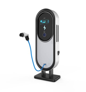 3d renging EV şarj istasyonları veya elektrikli araç şarj istasyonu beyaz arkaplan karşı grafik ekran ile