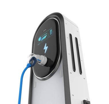 3d renging EV şarj istasyonları veya elektrikli araç şarj istasyonu beyaz arkaplan karşı grafik ekran ile