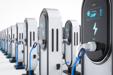 3d EV şarj istasyonları ya da elektrikli araç şarj istasyonları grafik ekran ile oluşturma grubu