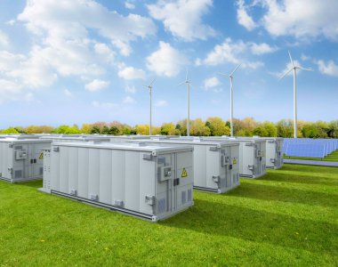 3d rendering amount of energy storage systems or battery container units with solar and turbine farm