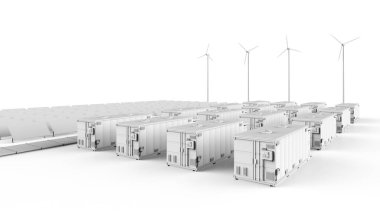 3d rendering amount of energy storage systems or battery container units with solar and turbine farm