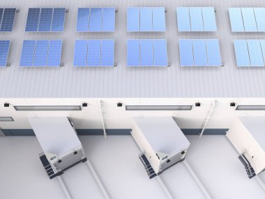 Depo veya fabrika çatısında endüstriyel kullanım için 3D güneş panelleri oluşturuluyor