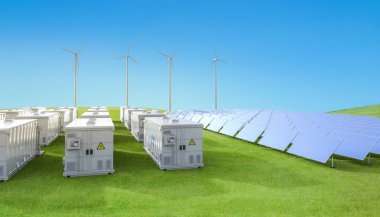 3d rendering amount of energy storage systems or battery container units with solar and turbine farm