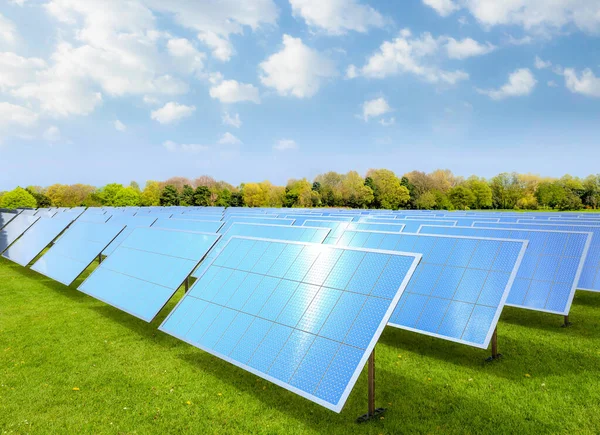 Representación Cantidad Paneles Solares Campo Verde Granja Solar Contra Cielo — Foto de Stock