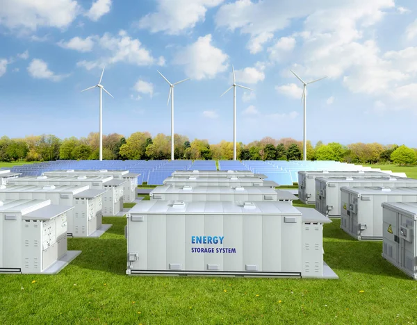 3d rendering amount of energy storage systems or battery container units with solar and turbine farm