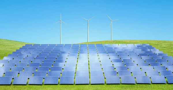 Koncept Alternativní Energie Vykreslováním Větrných Turbín Solárních Panelů Proti Modré — Stock fotografie