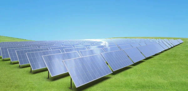 Rendering Quantità Pannelli Solari Sul Campo Verde Fattoria Solare Againt — Foto Stock