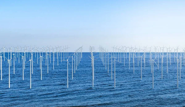 Koncept Obnovitelné Energie Vykreslováním Větrného Mlýna Farma Oceánu Proti Modré — Stock fotografie