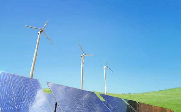 Koncept Alternativní Energie Vykreslováním Větrných Turbín Solárních Panelů Proti Modré — Stock fotografie