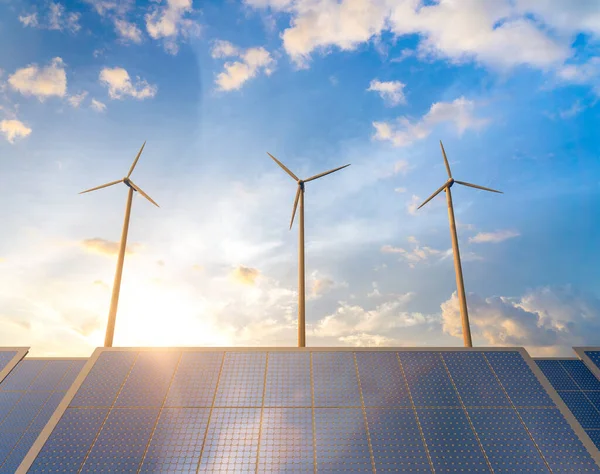 Concepto Energía Alternativa Con Turbinas Eólicas Paneles Solares Contra Cielo — Foto de Stock