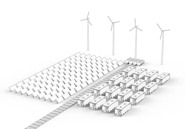 Konvertering Energilagringssystem Eller Batteribehållarenheter Med Sol Och Turbinanläggning — Stockfoto