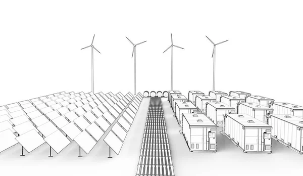Gjengivelse Energilagringssystemer Eller Batteribeholderenheter Med Bruk Sol Turbin – stockfoto