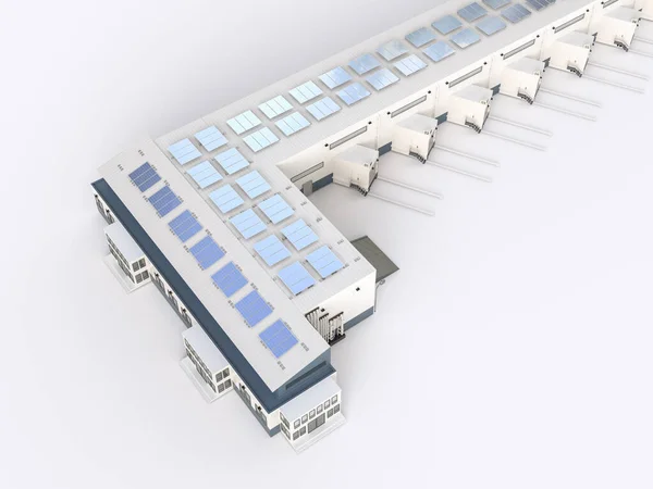3D将太阳能电池板置于仓库或工厂屋顶供工业使用 — 图库照片