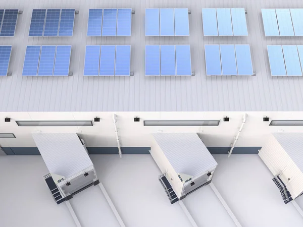 3D将太阳能电池板置于仓库或工厂屋顶供工业使用 — 图库照片
