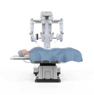 3D robot destekli ameliyat ve beyaz renkte izole edilmiş manken hasta.