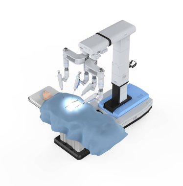 3D robot destekli ameliyat ve beyaz renkte izole edilmiş manken hasta.