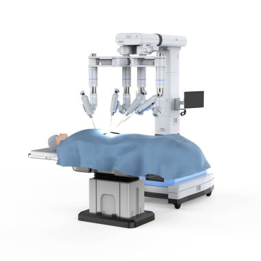 3D robot destekli ameliyat ve beyaz renkte izole edilmiş manken hasta.