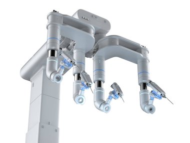 3D robot destekli cerrahi makinesi beyaza izole edilmiş.