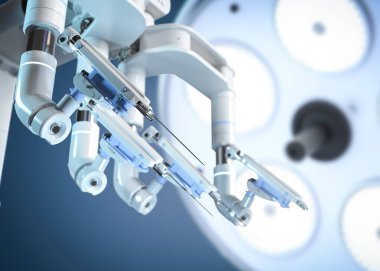 3D robot destekli ameliyat makinesi ve ameliyat ışıkları.