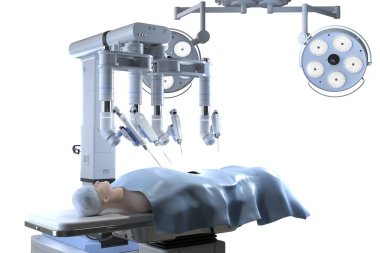 3D robot destekli ameliyat. Sahte hasta ameliyathanede.