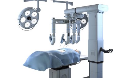 3D robot destekli ameliyat ve beyaz renkte izole edilmiş manken hasta.