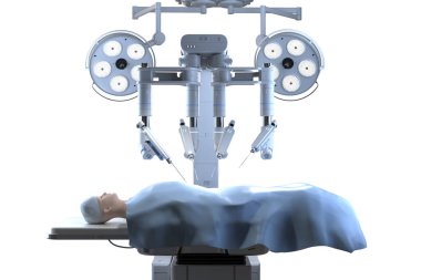 3D robot destekli ameliyat ve beyaz renkte izole edilmiş manken hasta.