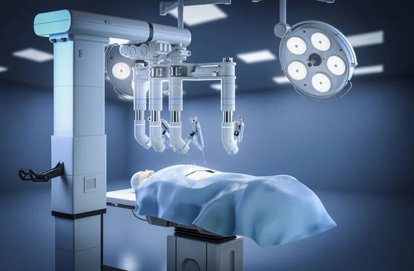 3Dレンダリングロボット手術 手術室のダミー患者の手術 — ストック写真