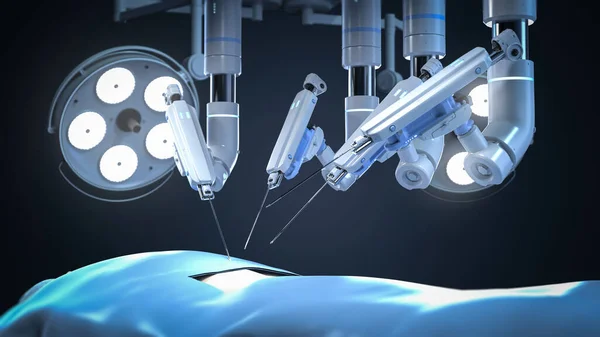 3d rendering robotic assisted surgery with dummy patient in operating room
