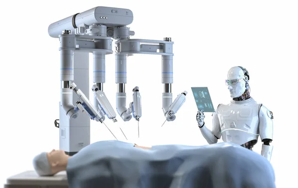 Концепция Медицинской Техники Рендерингом Робота Доктора Роботизированной Хирургией Операционной — стоковое фото