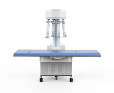 3D robot destekli ameliyat ve beyaz arka planda boş yatak
