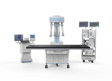 3D robot destekli ameliyat ve beyaz arka planda boş yatak