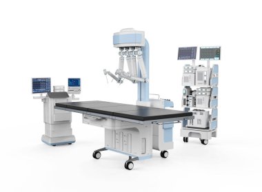 3D robot destekli ameliyat ve beyaz arka planda boş yatak