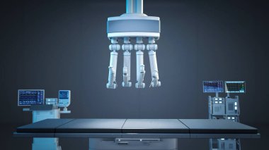 3D robot destekli ameliyat ve ameliyathanede boş yatak.