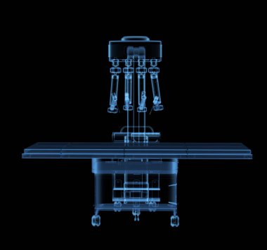 3D Röntgen destekli ameliyat ve siyah üzerine boş yatak.