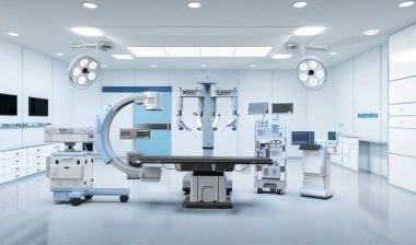 3D tıbbi teknolojiye sahip robot destekli ameliyat ameliyathanede.