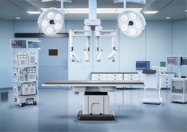 3D tıbbi teknolojiye sahip robot destekli ameliyat ameliyathanede.