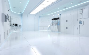 3D beyaz fütüristik hastane laboratuarının içi makine ve tıbbi malzemelerle dolu.