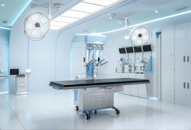 3D tıbbi teknolojiye sahip robot destekli ameliyat ameliyathanede.