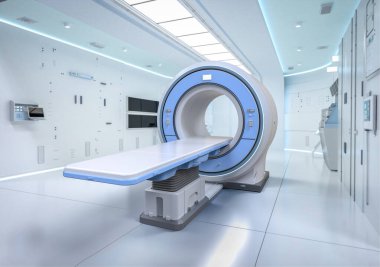 3D MRI tarama makinesi olan hastane radyoloji odası.