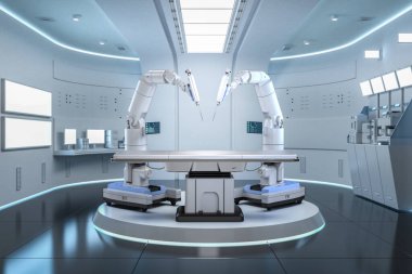 3D tıbbi teknolojiye sahip robot destekli ameliyat ameliyathanede.