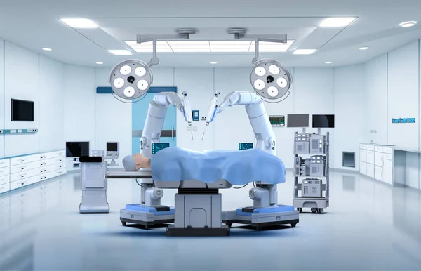 3Dレンダリングロボットアシスト手術で 手術室でモデルをモックアップ — ストック写真