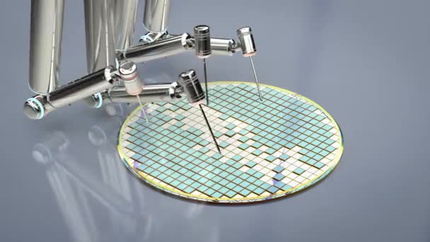 Robotarmen Met Siliciumwafers Voor Halfgeleiders Die Beeldmateriaal Vervaardigen — Stockvideo