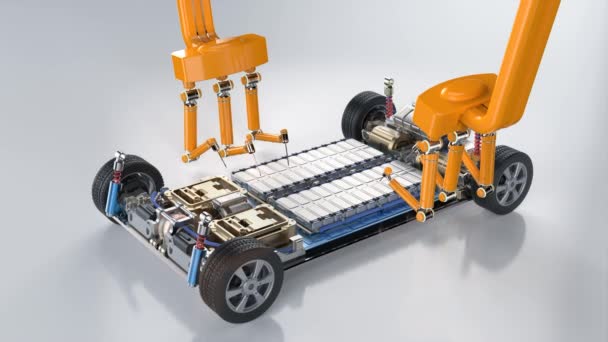 電気自動車プラットフォーム4K映像の電池のロボットアーム製造パック — ストック動画