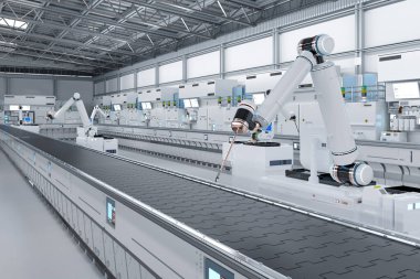 Otomasyon endüstrisi konsepti 3D robot montaj hattı ve fabrikada boş taşıma bandı ile