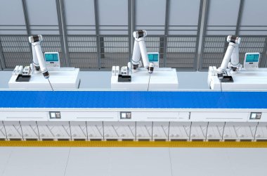 Otomasyon endüstrisi konsepti 3D robot montaj hattı ve fabrikada boş taşıma bandı ile