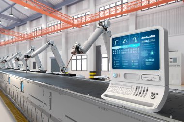 Otomasyon fabrika kavramı ile 3d render Denetim Masası perde ile robot savaş silahları