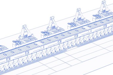 Beyaz zemin üzerinde akıllı telefon olan robot montaj hattının 3d taslağı hazırlanıyor