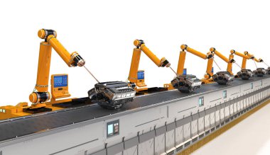 Otomotiv otomobil fabrikası konsepti. Otomobil motorlu veya makineli 3 boyutlu robot montaj hattı.